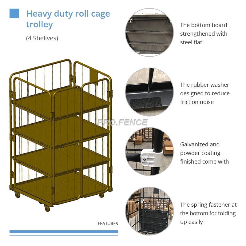 Heavy duty roll cage trolley yekutakura zvinhu uye kuchengetedza (4 masherufu)