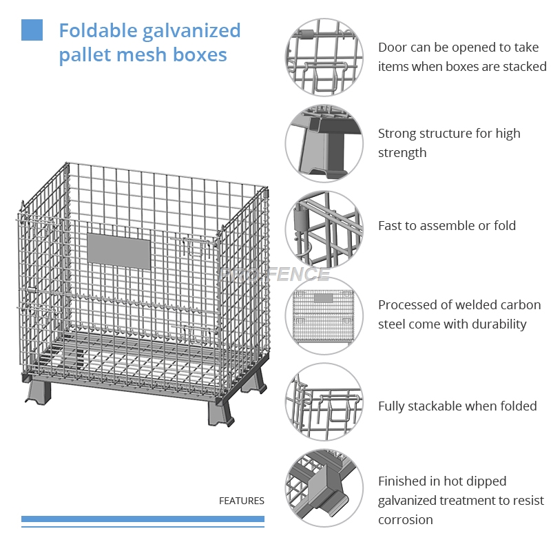Foldable galvanized pallet mesh boxes for warehouse storage
