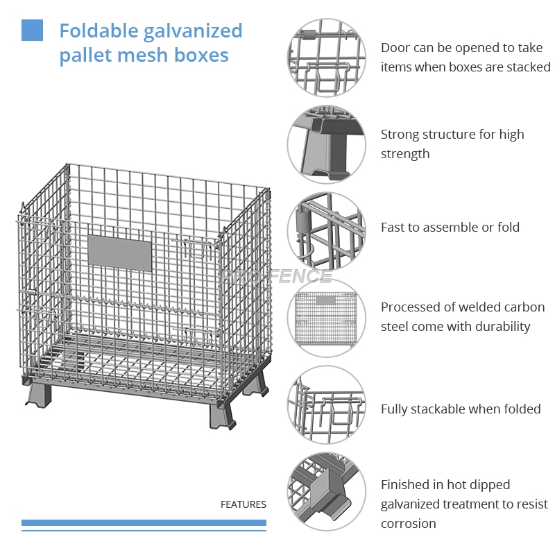 Hộp lưới pallet mạ kẽm có thể gập lại để lưu trữ kho