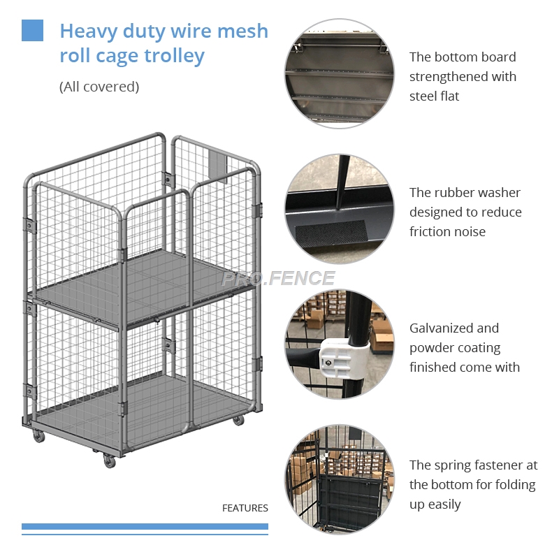 Heavy duty wire mesh roll cage trolley for material transportation and storage (4 sided)