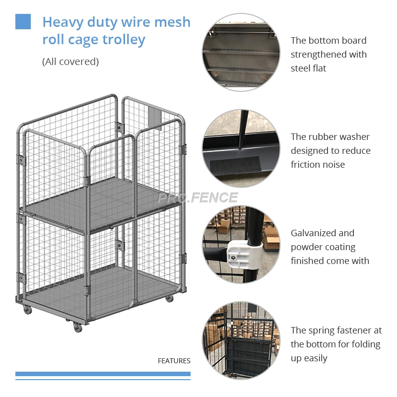 Heavy duty waya mesh roll cage trolley yekutakura zvinhu uye kuchengetedza (4 mativi)