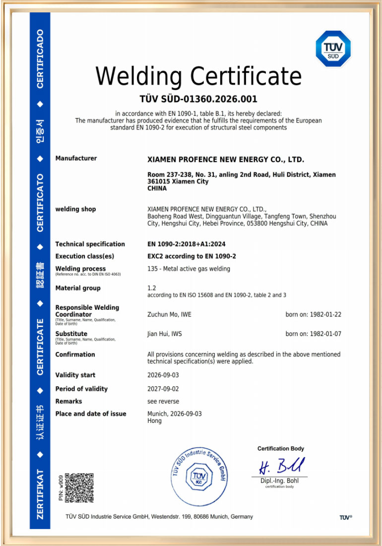 PROFENCE.ENERGY TÜV SÜD welding certificate EN 1090‑2 EXC2 PROFENCE.ENERGY TÜV SÜD welding certificate EN 1090‑2 EXC2