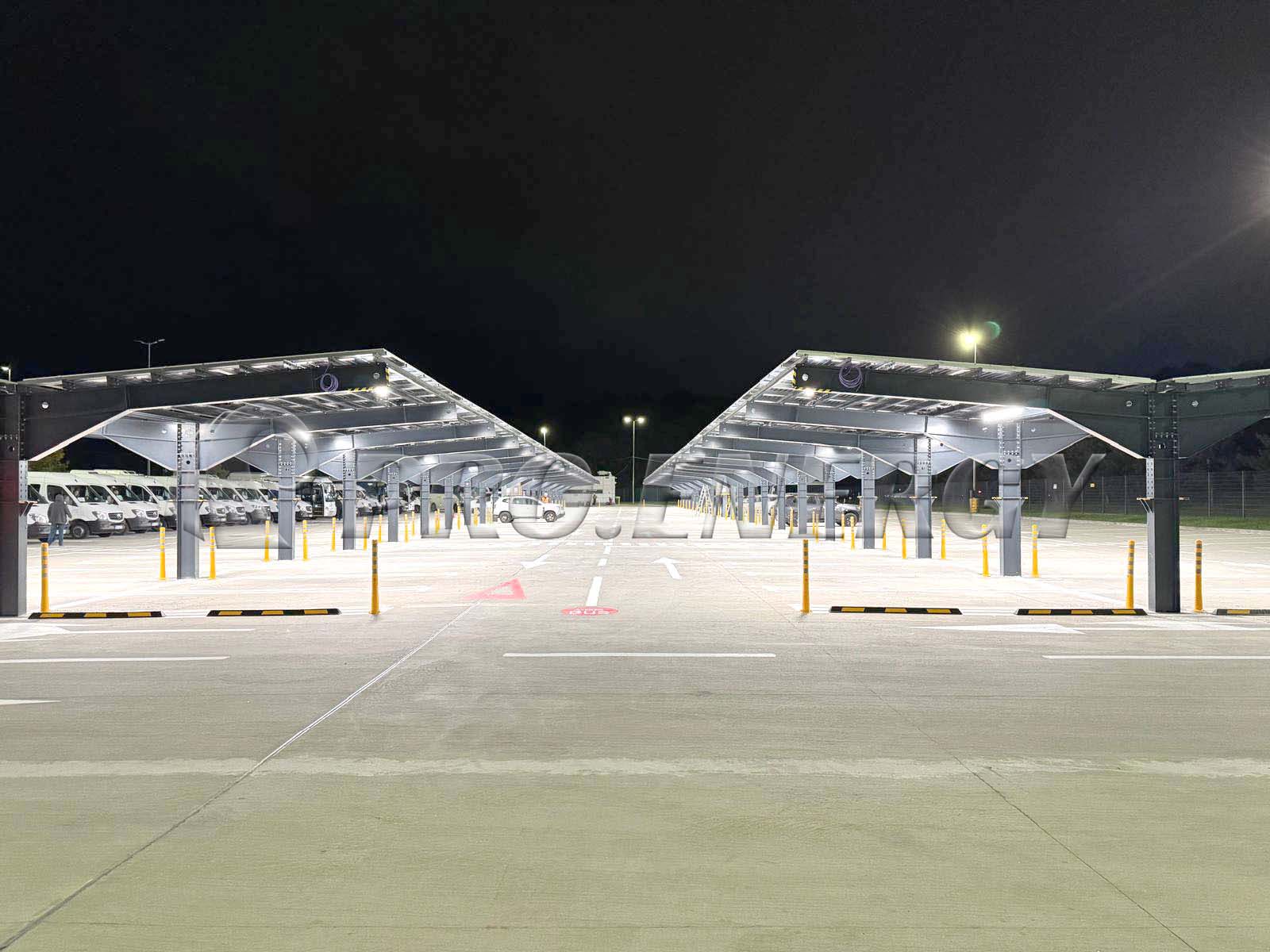 Completed PROFENCE.ENERGY solar carport project in European parking lot at night Completed PROFENCE.ENERGY solar carport project in European parking lot at night