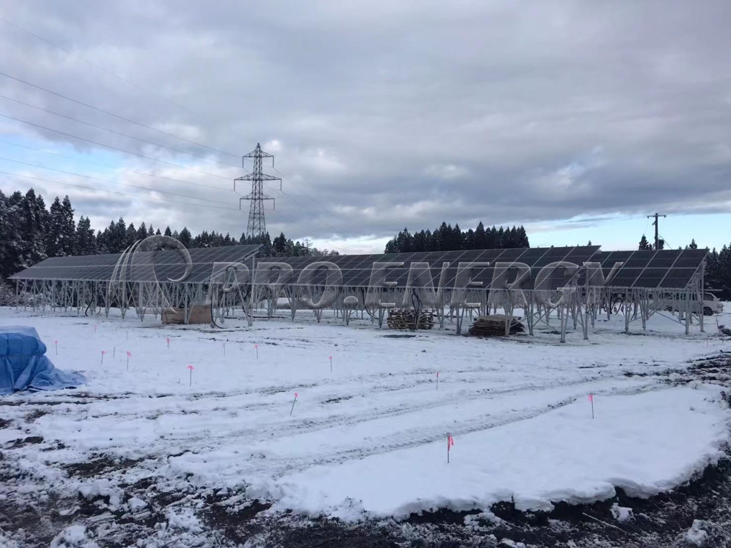 ZAM ground-mounted solar racking system under snowy condition in Hokkaido Japan, heavy snow resistant PV mounting ZAM ground-mounted solar racking system under snowy condition in Hokkaido Japan, heavy snow resistant PV mounting