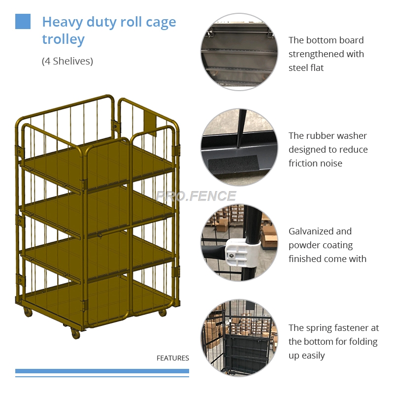 Heavy duty roll cage trolley for material transportation and storage (4 shelves)